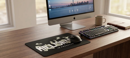 Black desk mat with ‘Millionaire in Progress’ quote and money graphics, modern minimalist office setup for productivity and wealth mindset.