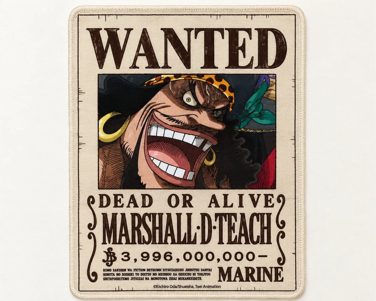 Marshall D. Teach Blackbeard One Piece gaming mouse pad featuring a vintage Wanted Dead or Alive bounty poster, his wide grin, spotted bandana, gold earrings, dark-brown lettering, and beige background.
