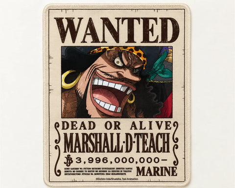 Marshall D. Teach Blackbeard One Piece gaming mouse pad featuring a vintage Wanted Dead or Alive bounty poster, his wide grin, spotted bandana, gold earrings, dark-brown lettering, and beige background.