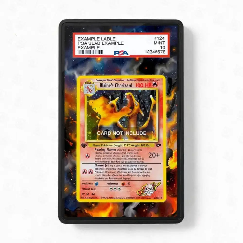A PSA graded display case containing a sample Blaine's Charizard card, shown against a white background. The case has a black border and a flame-patterned insert, with the PSA slab label visible at the top.
