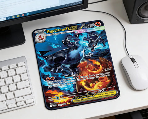 Mega Charizard X EX anime gaming mouse pad placed on clean white desk with keyboard, monitor, and wired mouse