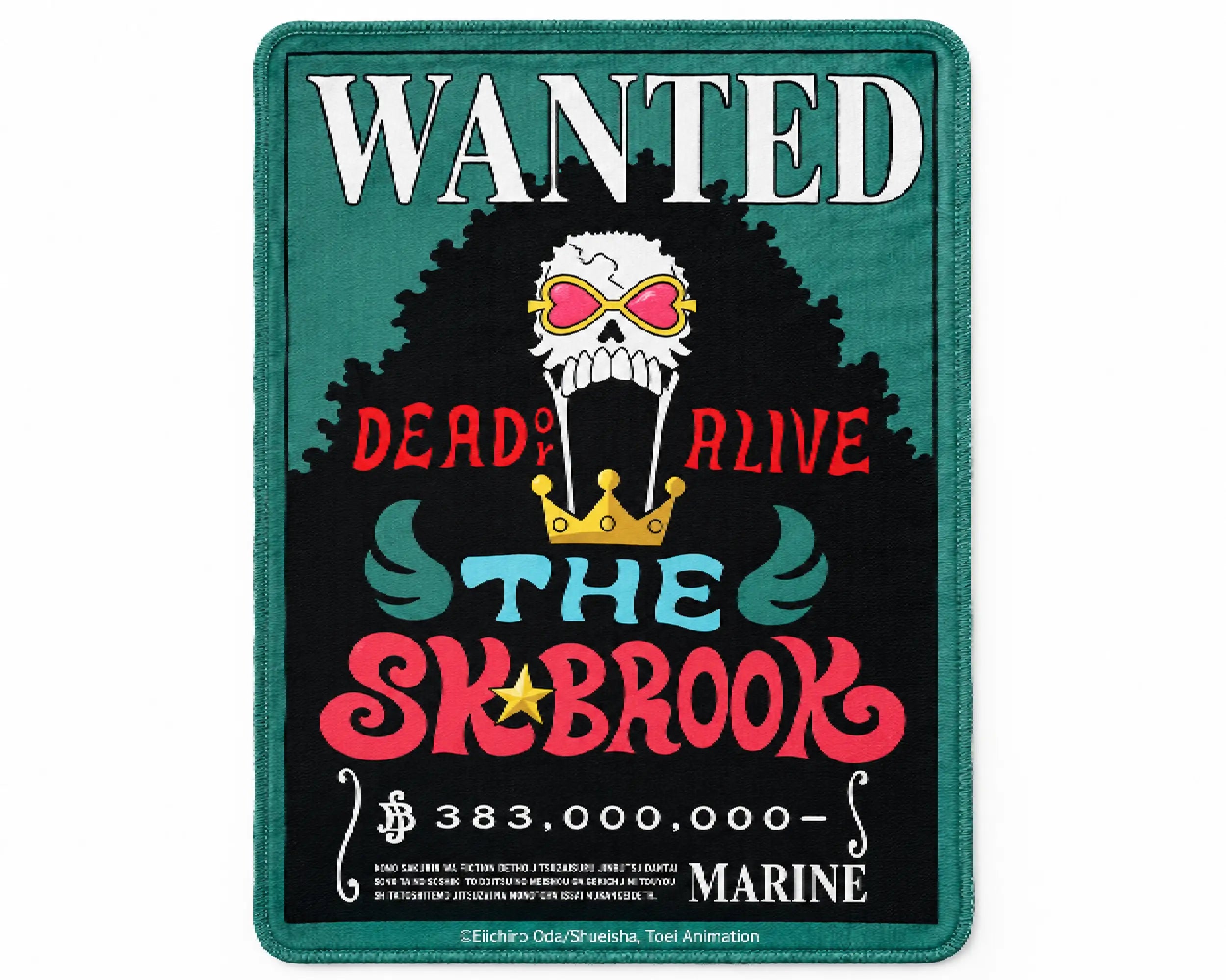 Brook One Piece gaming mouse pad featuring the Wanted Dead or Alive bounty poster, a skull with pink heart-shaped sunglasses, a golden crown, red and teal lettering, and a teal border.