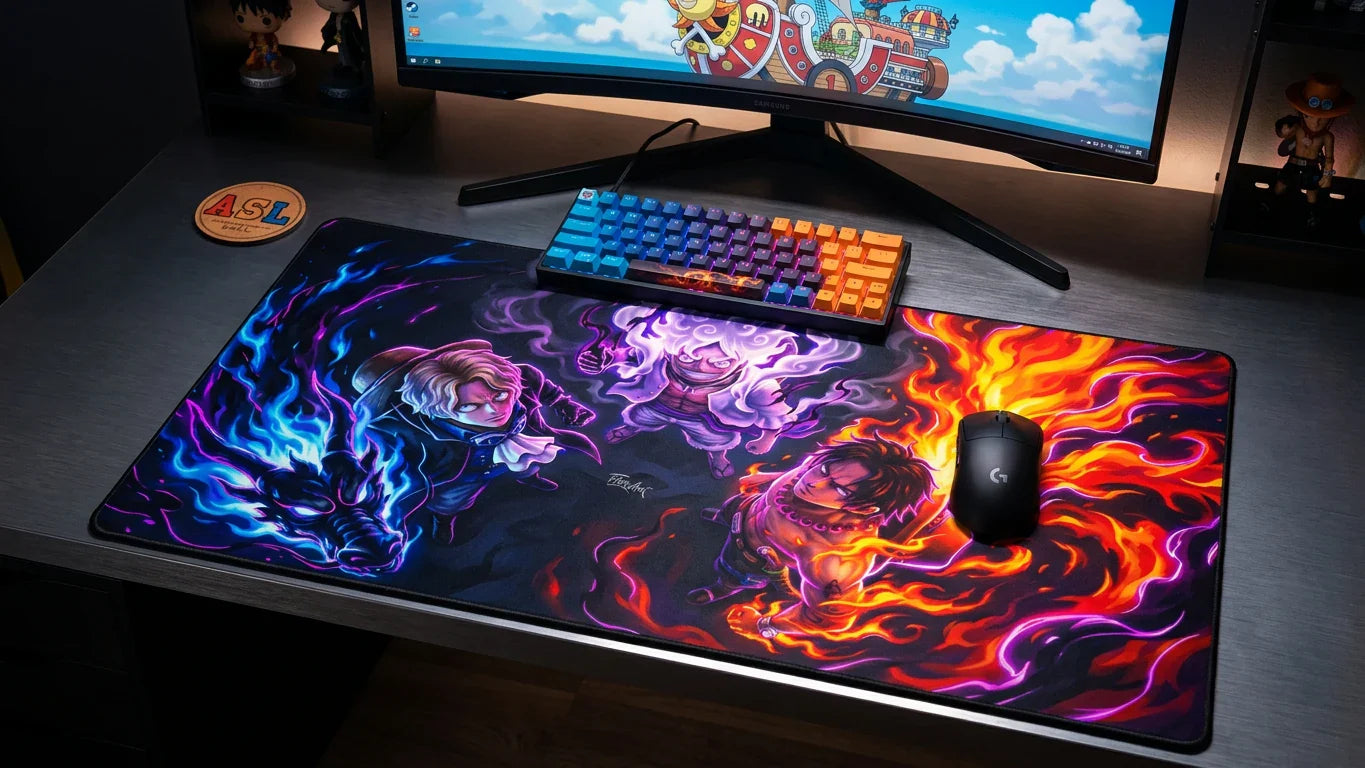close-up gaming setup with extended anime mousepad showing three powerful characters in triangular composition, one with blue flame energy, one with purple aura, and one with intense fire effects, RGB mechanical keyboard and black gaming mouse on dark desk