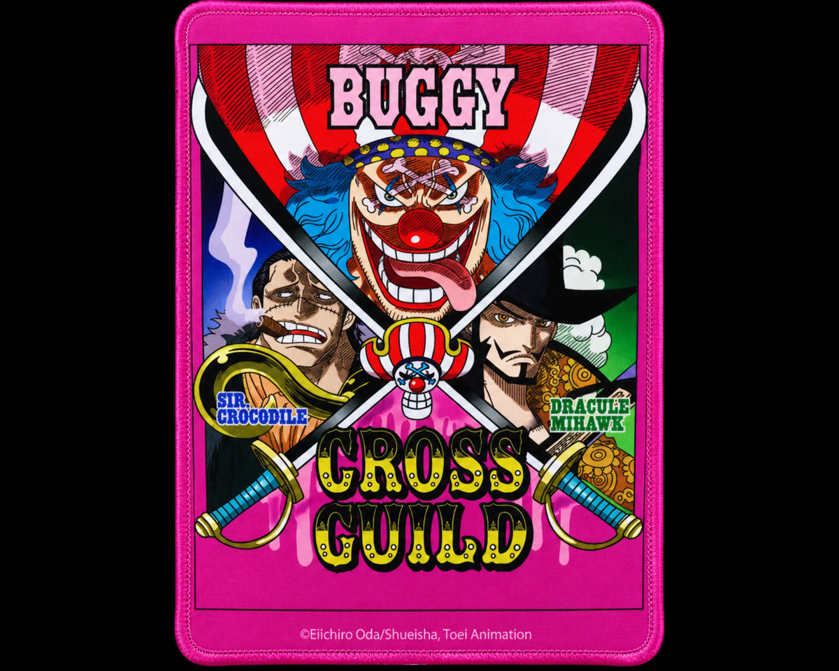 Buggy One Piece gaming mouse pad featuring Buggy the Clown, Sir Crocodile, and Dracule Mihawk in a colorful Cross Guild design with a hot pink border and crossed swords.