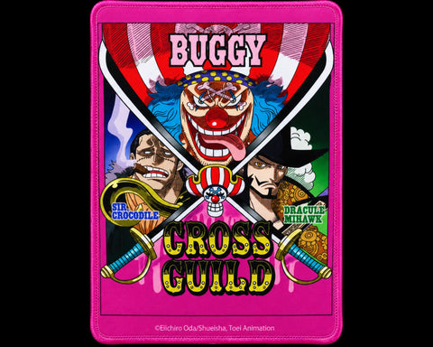 Buggy One Piece gaming mouse pad featuring Buggy the Clown, Sir Crocodile, and Dracule Mihawk in a colorful Cross Guild design with a hot pink border and crossed swords.