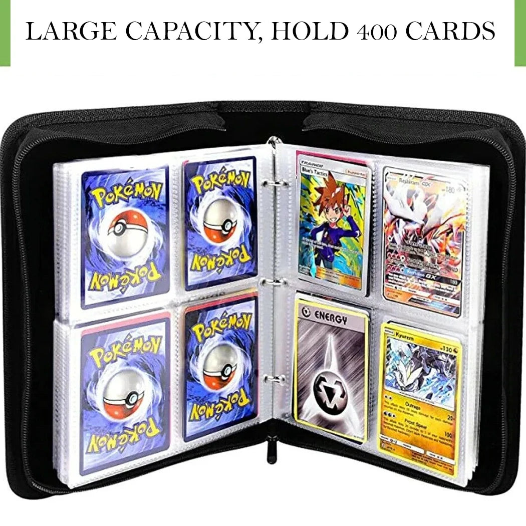 Card holder with multiple Pokémon trading cards displayed, emphasizing its capacity to hold 400 cards.