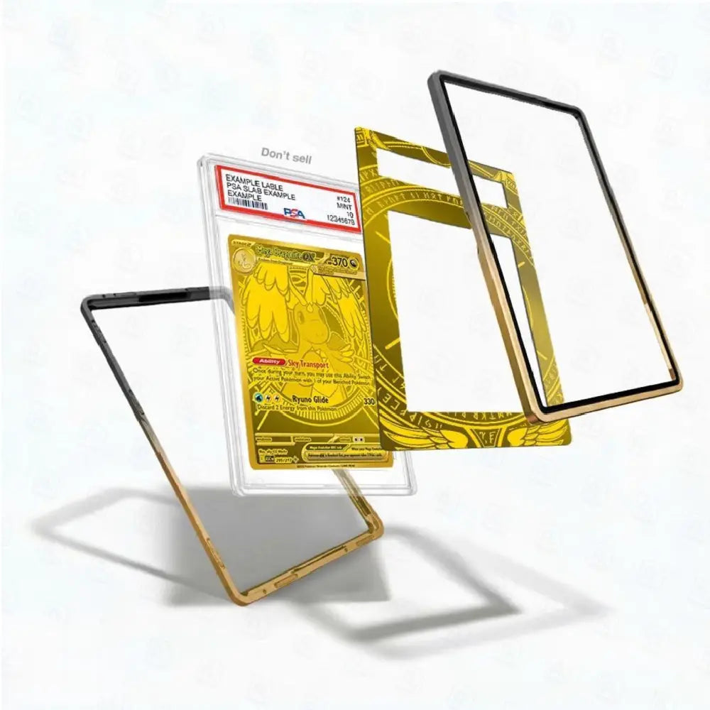 Gold trading card with protective case on a white background