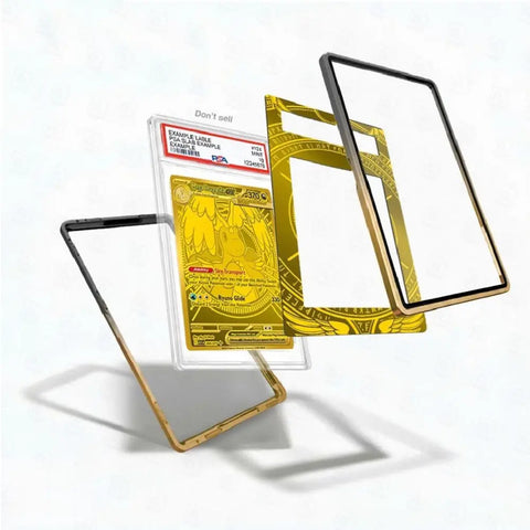 Gold trading card with protective case on a white background