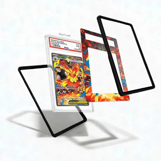 Trading card with protective sleeves on a white background