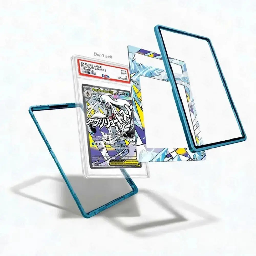 Trading card with protective blue case on a white background