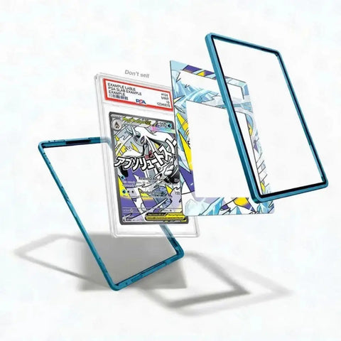 Trading card with protective blue case on a white background