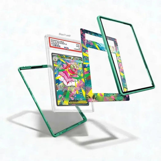 A clear protective case with a translucent green border shown floating around a graded Pokémon TCG card, with colorful decorative inner panels visible behind it on a white background.