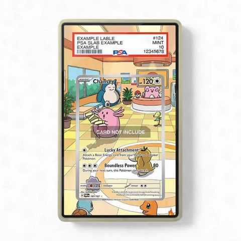 A framed art print featuring a colorful cartoon illustration of a Pokémon character in a shop, with a PSA grading label overlay at the top. The print is housed in a light wood frame and shown against a plain white background.