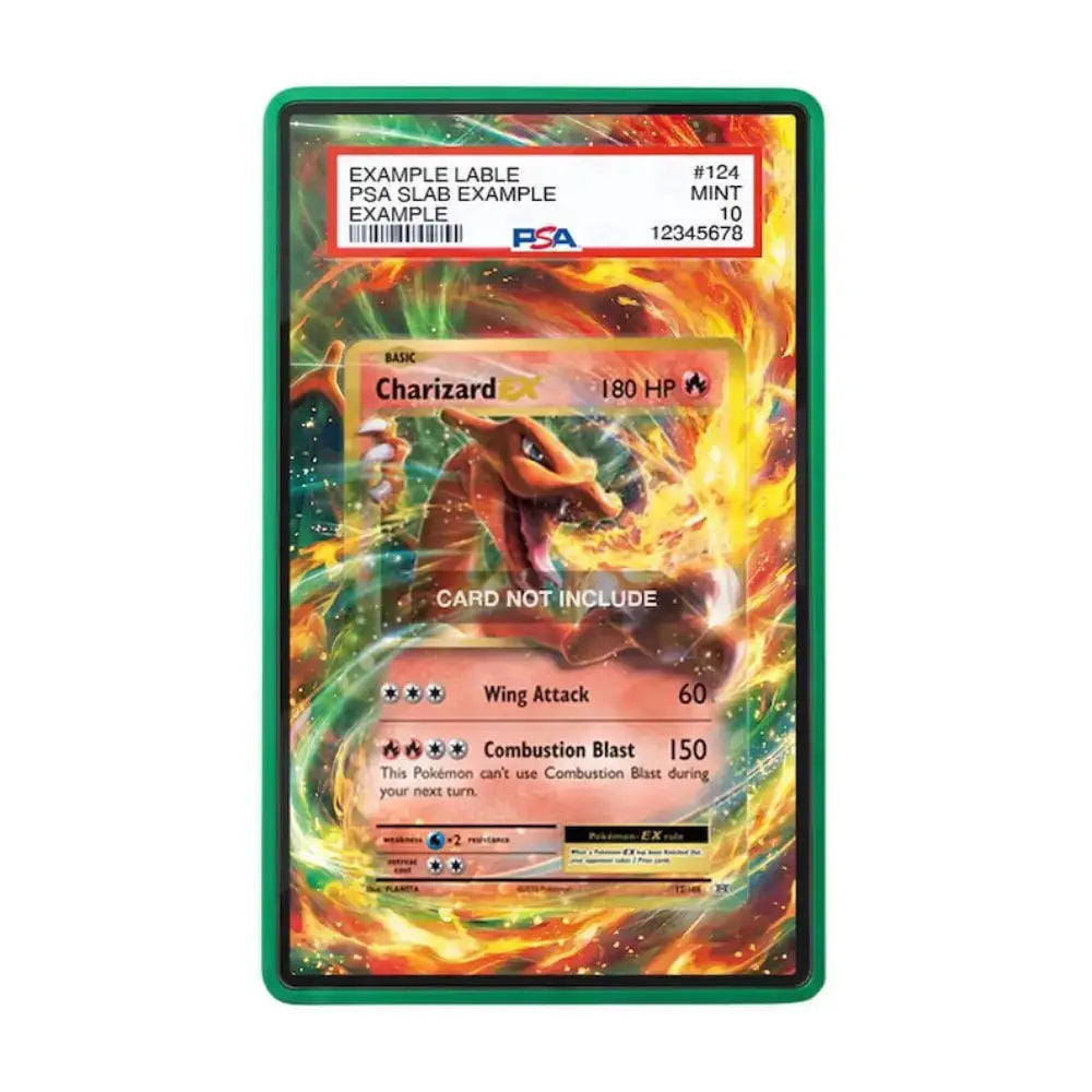 A PSA graded protective slab for a Pokémon Charizard card, showing the PSA certification label at the top and a fiery Charizard illustration on the back of the slab.