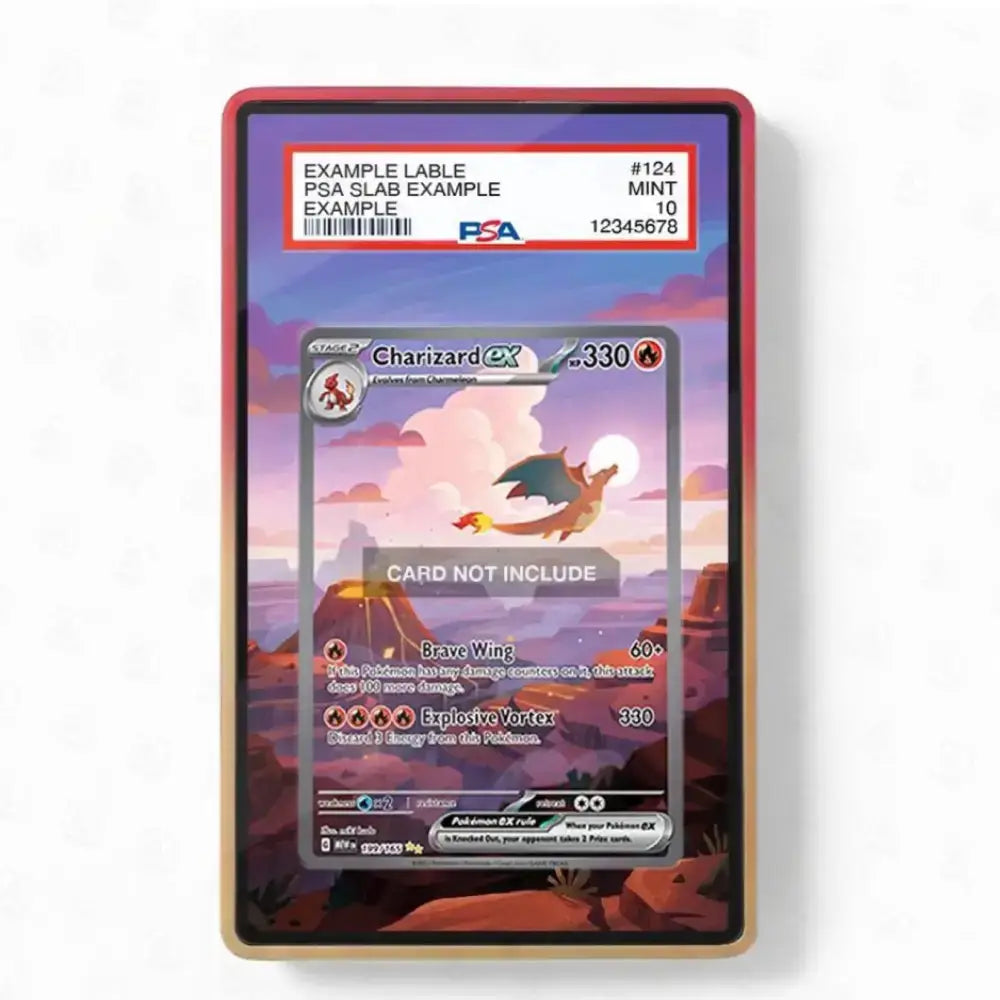 A PSA graded display card showing a Chanizard card example, with a red border and a printed label at the top reading PSA and example details, photographed against a plain white background.