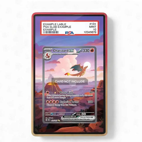 A PSA graded display card showing a Chanizard card example, with a red border and a printed label at the top reading PSA and example details, photographed against a plain white background.