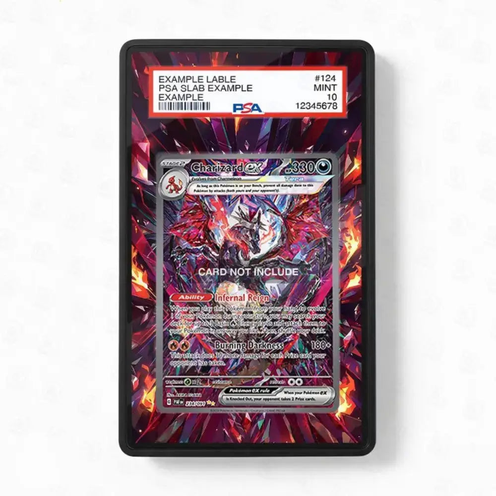 A PSA graded sample trading card cable on a white background. The cable features a red and black PSA slab label at the top and a card inside with a fiery red, purple, and black graphic background.