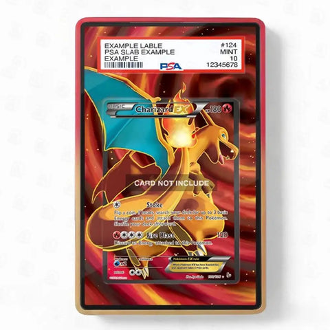 A PSA-graded replica Charizard X holographic trading card inside a red display sleeve, shown on a white background. The PSA slab label at the top indicates it is a mint example, #124.