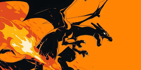A stylized illustration of a black dragon with wings and claws, surrounded by orange flames against a solid orange background.