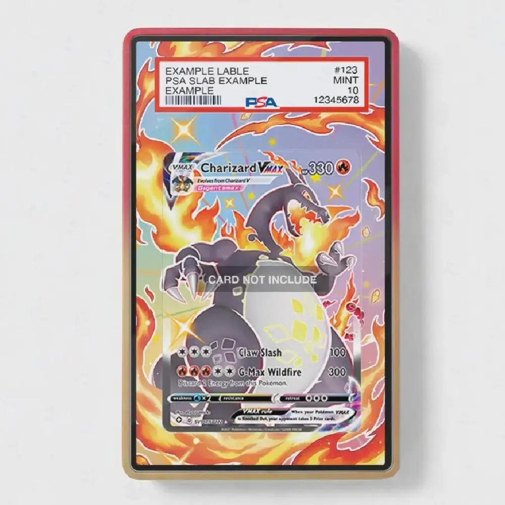 A PSA-certified collectible card featuring Charizard, shown in a protective display sleeve with a red border. The card is graded PSA 10 Mint by the PSA logo, and there is a prominent 'CARD NOT INCLUDE' watermark across the center.