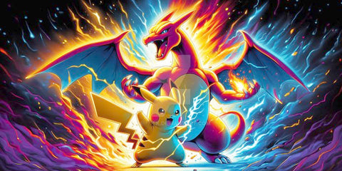 Vibrant fantasy artwork of Charizard and Pikachu surrounded by dramatic blue and orange energy effects, with glowing lightning and a dark cosmic background.