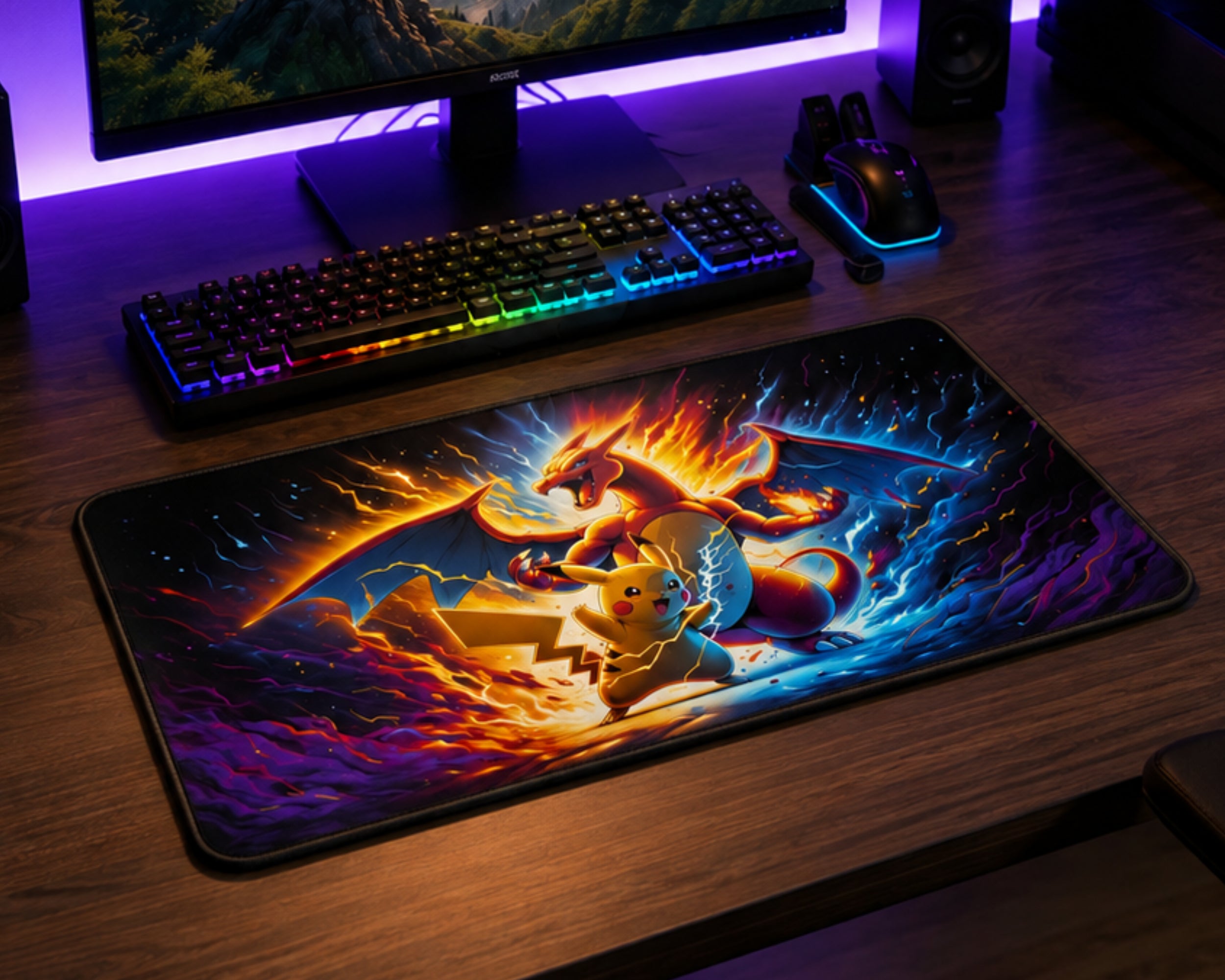 A large gaming desk mat featuring a dynamic illustration of Charizard and Pikachu, displayed on a dark wood desk next to a backlit keyboard, mouse, and monitor.