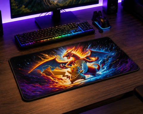 A large gaming desk mat featuring a dynamic illustration of Charizard and Pikachu, displayed on a dark wood desk next to a backlit keyboard, mouse, and monitor.