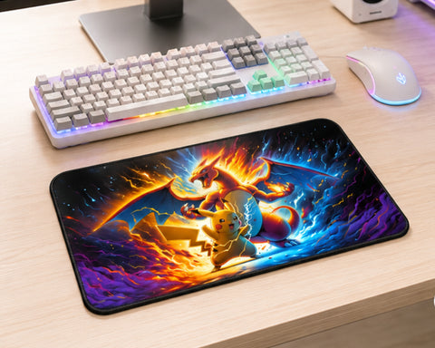 A large rectangular desk mat featuring a vibrant, dynamic illustration of Charizard and Pikachu in a battle scene, styled on a light wood desk next to a mechanical keyboard and a gaming mouse.