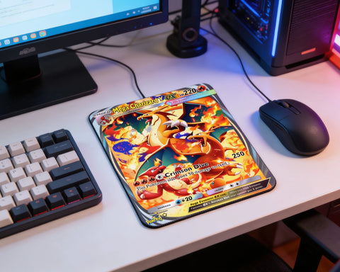 Fiery Mega Charizard Y EX anime mouse pad in RGB gaming setup with mechanical keyboard and wireless mouse