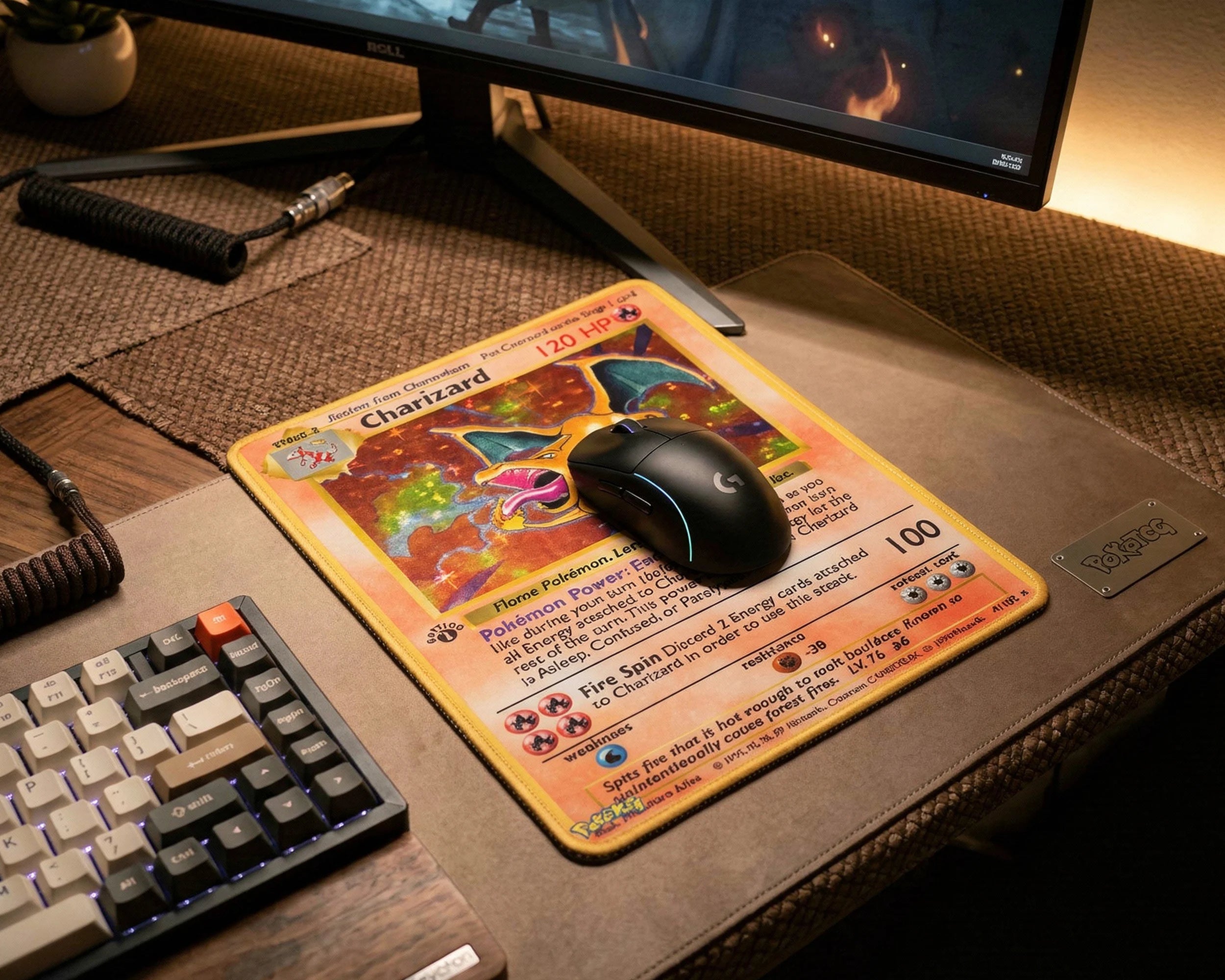 Vintage Charizard Pokémon card mouse pad used in warm RGB gaming setup with mechanical keyboard and gaming mouse