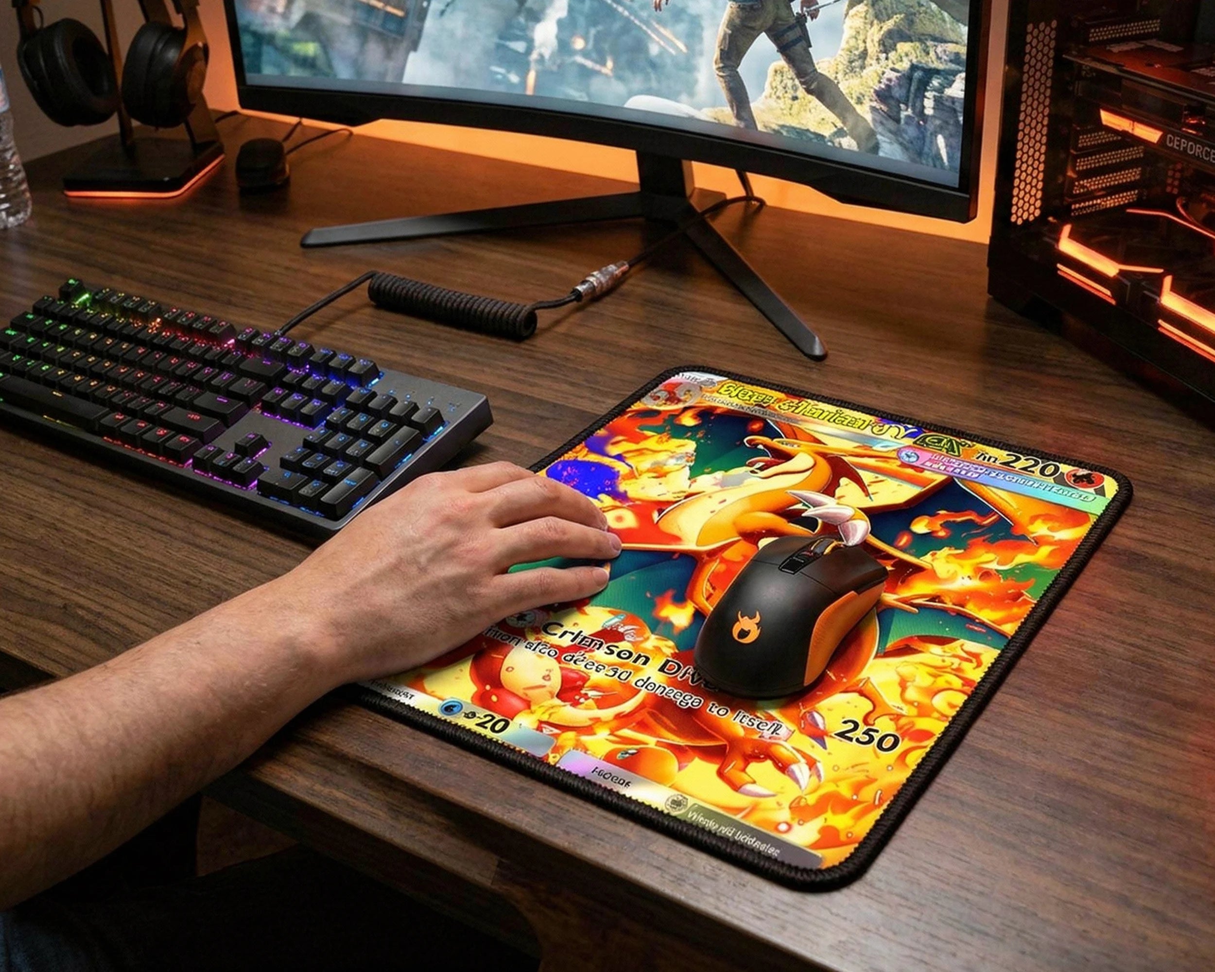 Large Mega Charizard Y EX Pokémon mouse pad with flame artwork being used in immersive gaming desktop setup