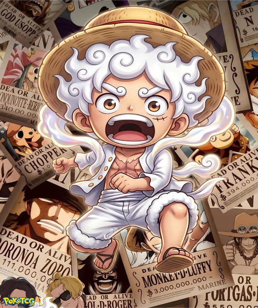 Cute chibi Gear 5 Monkey D. Luffy artwork surrounded by One Piece wanted posters and anime bounty designs