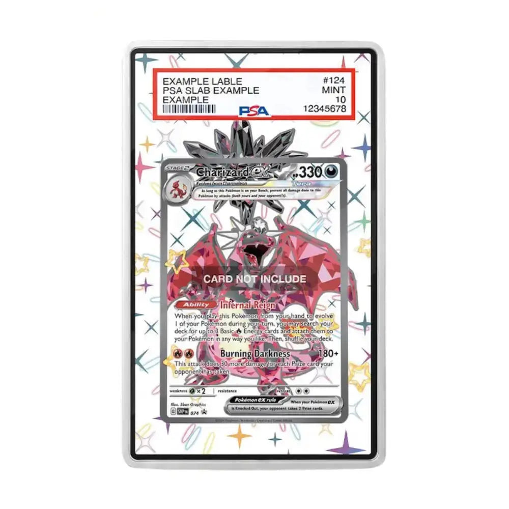 A PSA graded sample trading card in a clear protective slab, showing a pink dragon card design with a PSA label at the top. The slab is photographed on a plain white background.