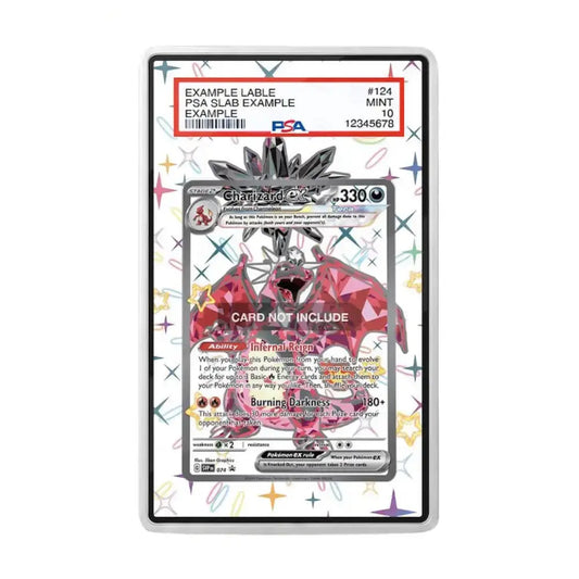 A PSA graded sample trading card in a clear protective slab, showing a pink dragon card design with a PSA label at the top. The slab is photographed on a plain white background.
