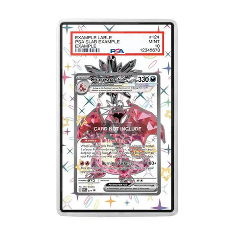 A PSA graded sample trading card in a clear protective slab, showing a pink dragon card design with a PSA label at the top. The slab is photographed on a plain white background.