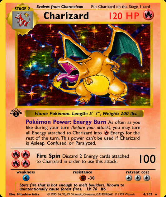 Close-up classic Charizard Pokémon card artwork featuring holographic galaxy background and vintage trading card design