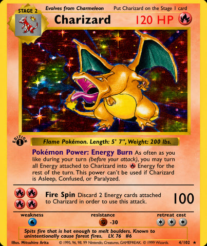 Close-up classic Charizard Pokémon card artwork featuring holographic galaxy background and vintage trading card design