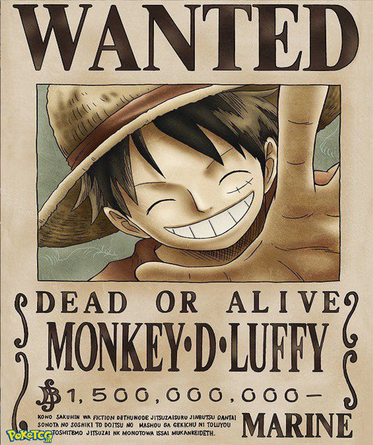 Vintage Monkey D. Luffy wanted poster artwork from One Piece featuring smiling Luffy with raised hand gesture