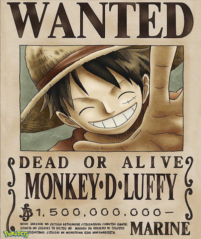 Vintage Monkey D. Luffy wanted poster artwork from One Piece featuring smiling Luffy with raised hand gesture