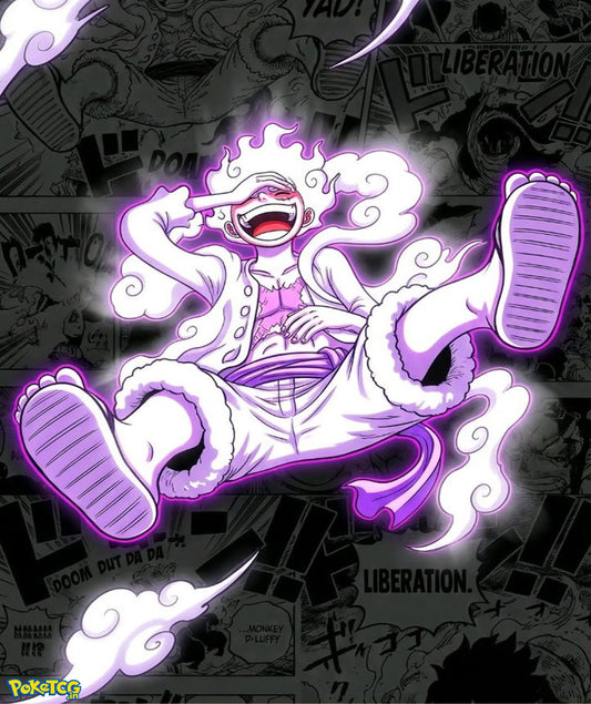 Close-up anime artwork of Gear 5 Monkey D. Luffy with glowing purple aura and manga-style black background