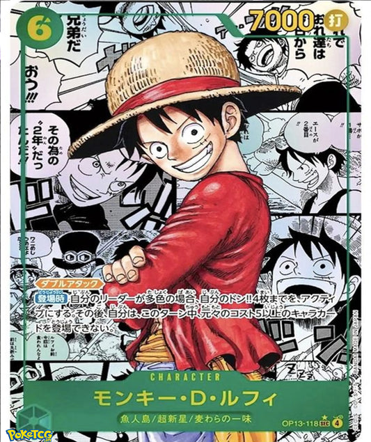 Close-up Monkey D. Luffy anime trading card artwork with manga collage background and green character frame design