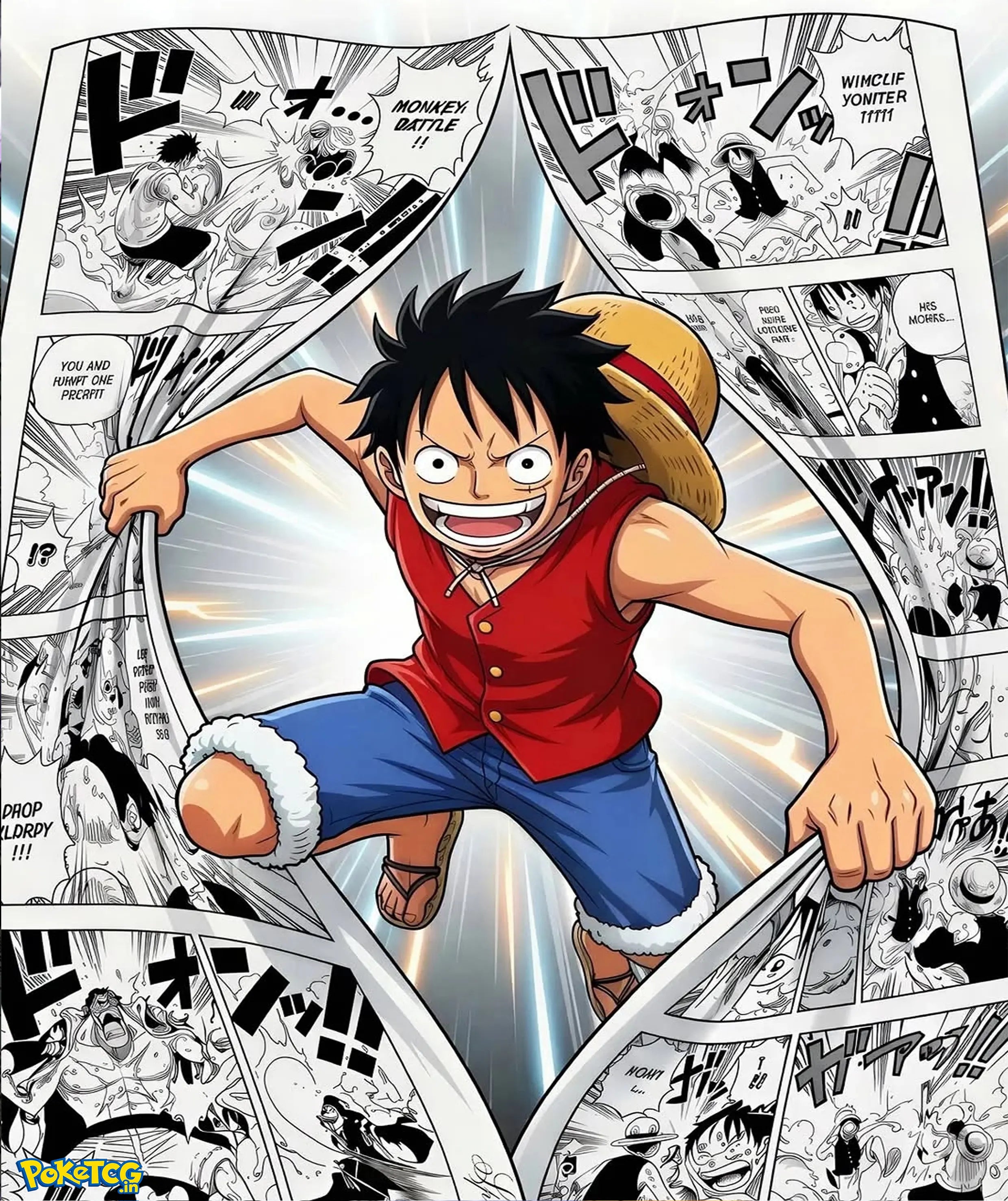 Close-up Monkey D. Luffy anime artwork surrounded by black and white manga panels with dynamic action design