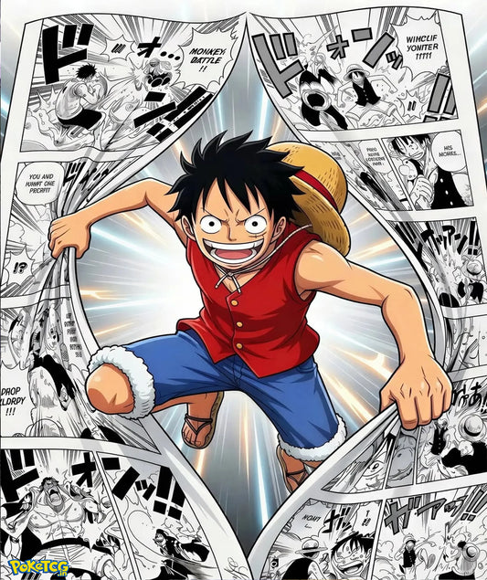 Close-up Monkey D. Luffy anime artwork surrounded by black and white manga panels with dynamic action design