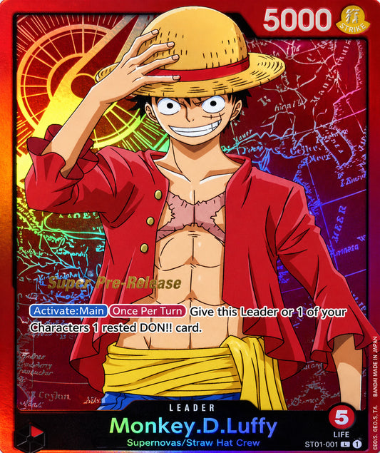 Close-up Monkey D. Luffy anime card artwork with glowing red holographic background and Straw Hat pirate design