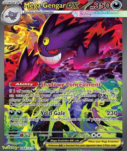 Close-up Mega Gengar EX Pokémon inspired artwork with glowing purple and green effects in trading card design style