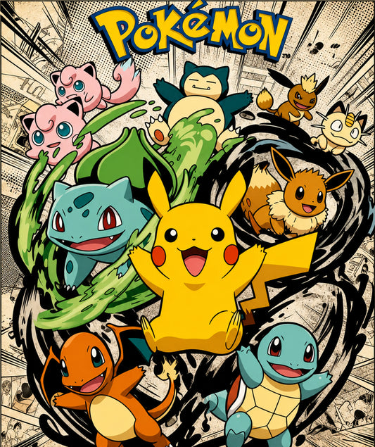 Colorful Pokémon collage artwork featuring Pikachu, Bulbasaur, Charmander, Squirtle, Eevee, Snorlax, Meowth, and Jigglypuff with manga-style background