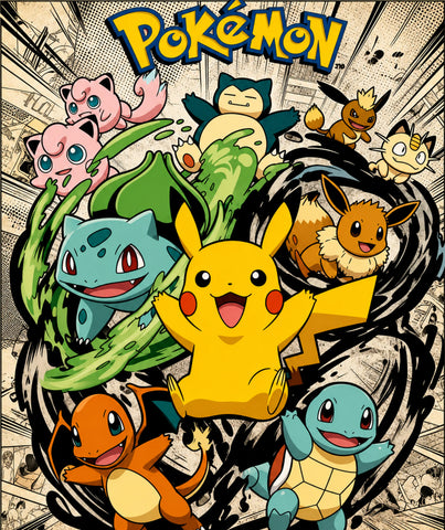Colorful Pokémon collage artwork featuring Pikachu, Bulbasaur, Charmander, Squirtle, Eevee, Snorlax, Meowth, and Jigglypuff with manga-style background