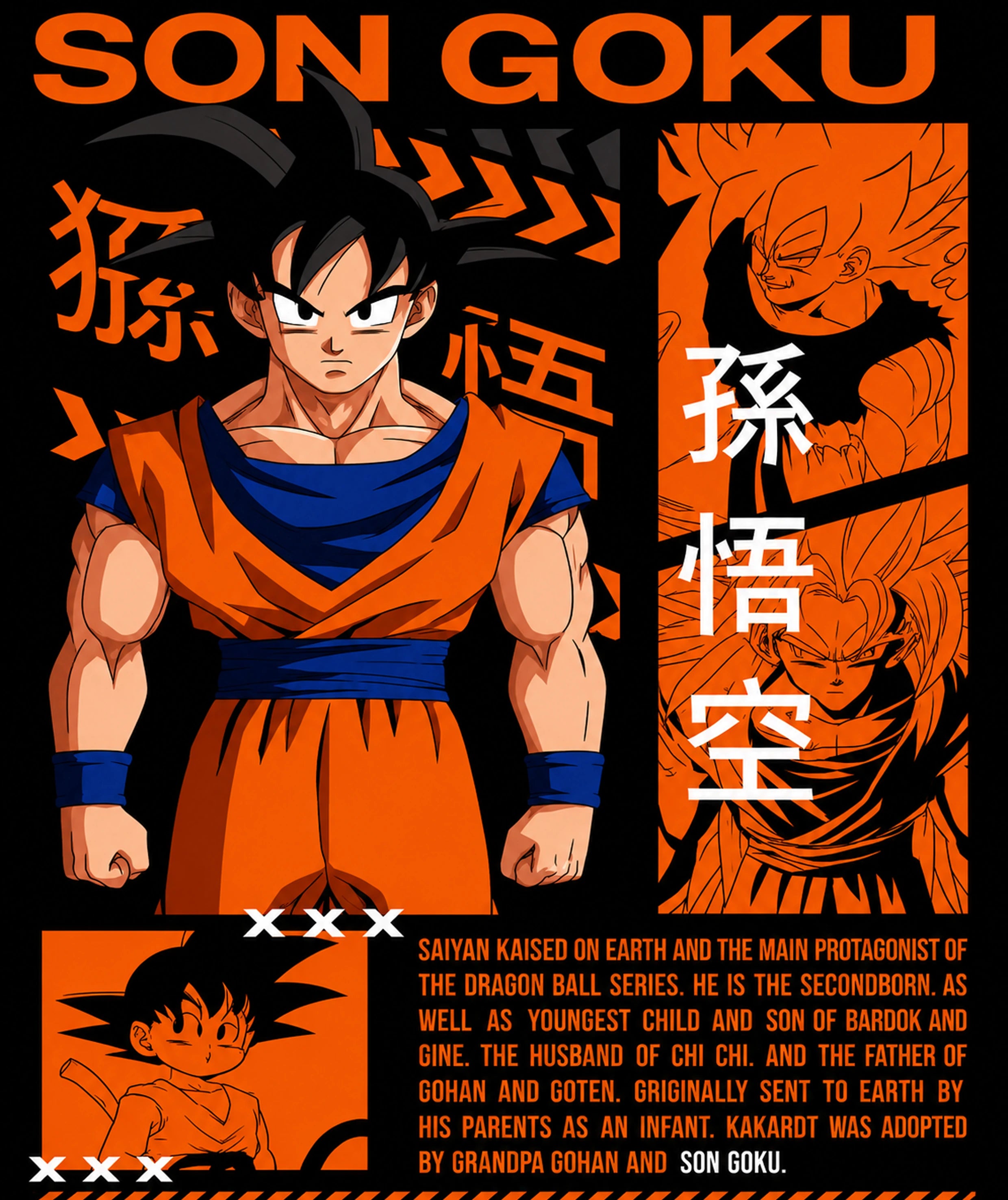 Close-up Son Goku anime artwork with black and orange manga style graphics inspired by Dragon Ball series