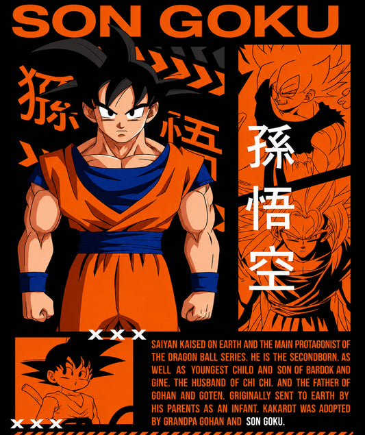 Close-up Son Goku anime artwork with black and orange manga style graphics inspired by Dragon Ball series