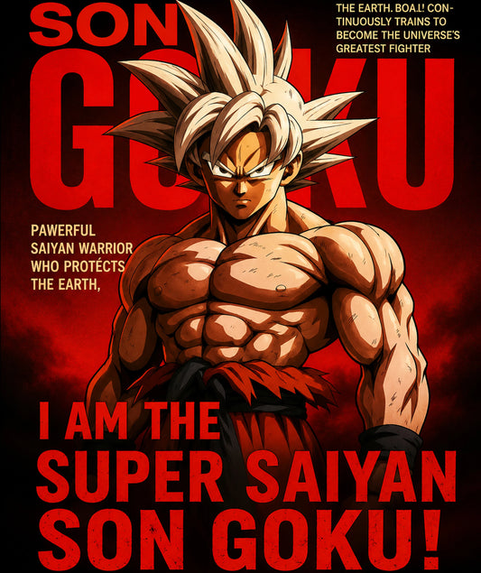 Close-up Super Saiyan Son Goku anime artwork with intense red background and bold motivational typography design